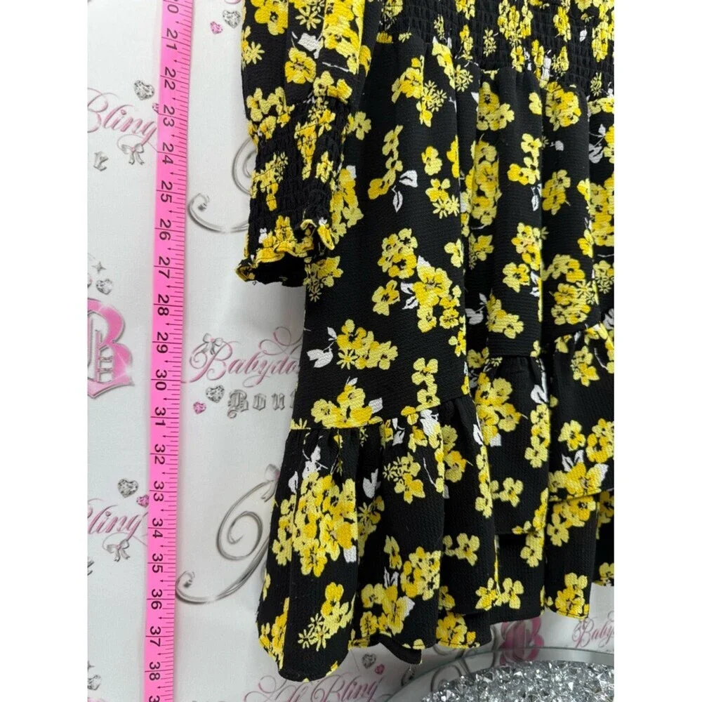 Michael Kors dress flowers V neck flowy Black Dress with Yellow Floral Print